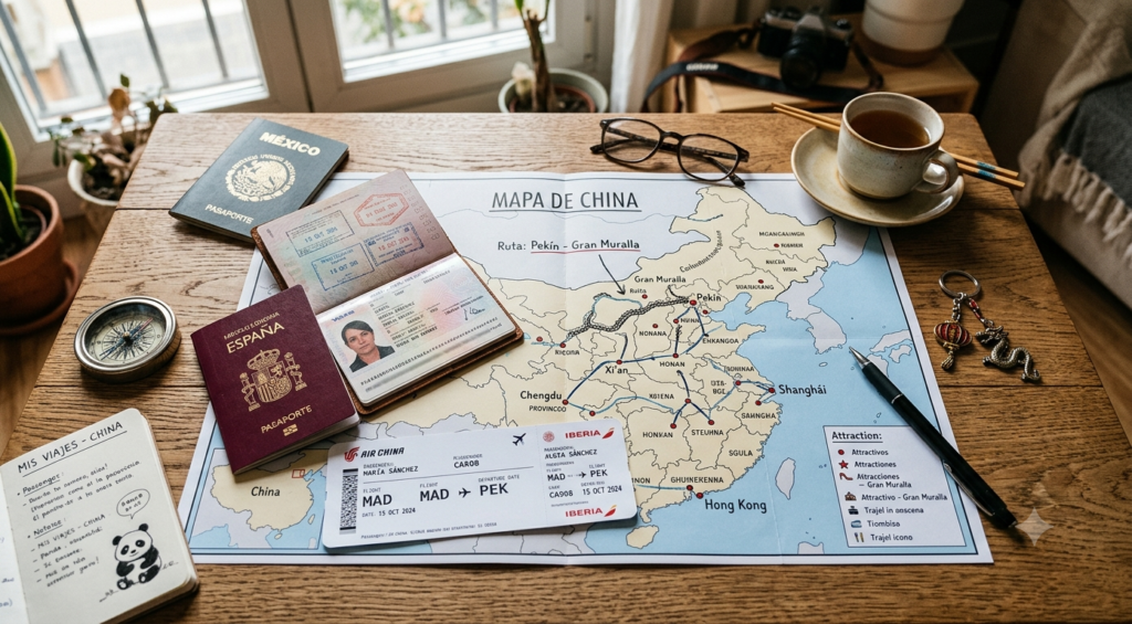 imagen de una mesa con un mapa, pasaporte yt boleto de avion